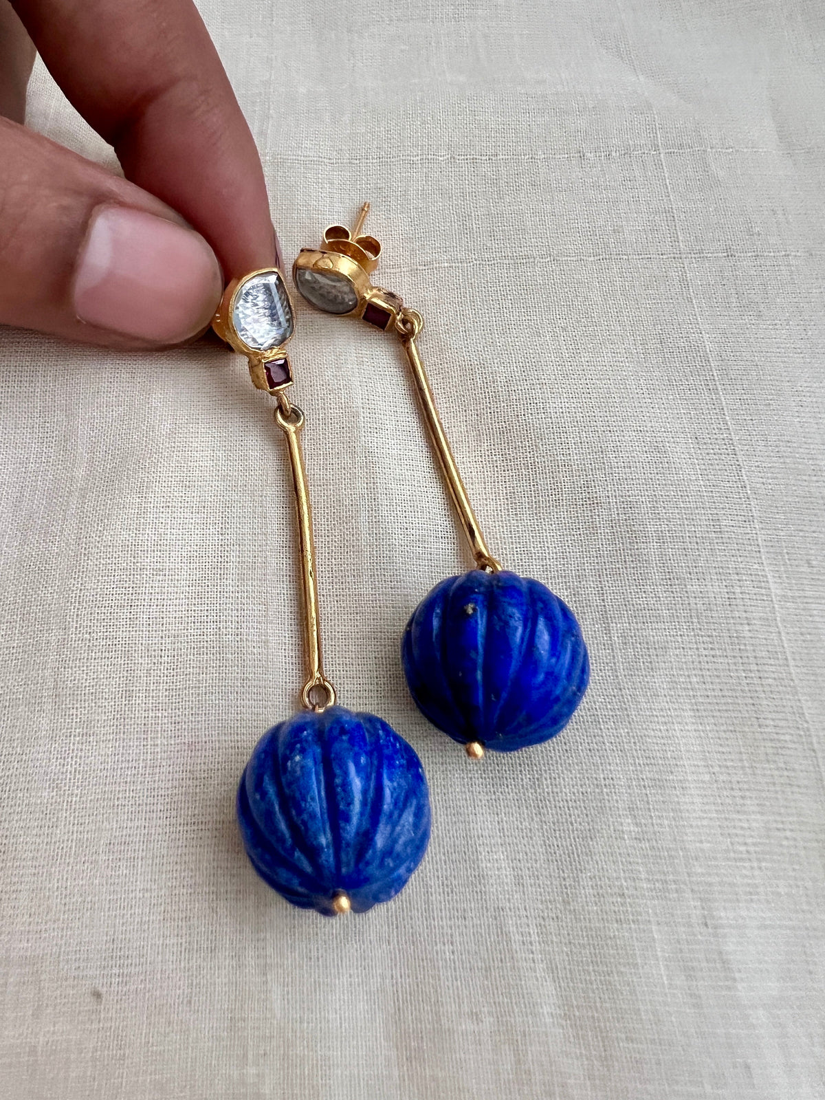 Gold polish kundan hangings with blue lapis beads-Earrings-CI-House of Taamara