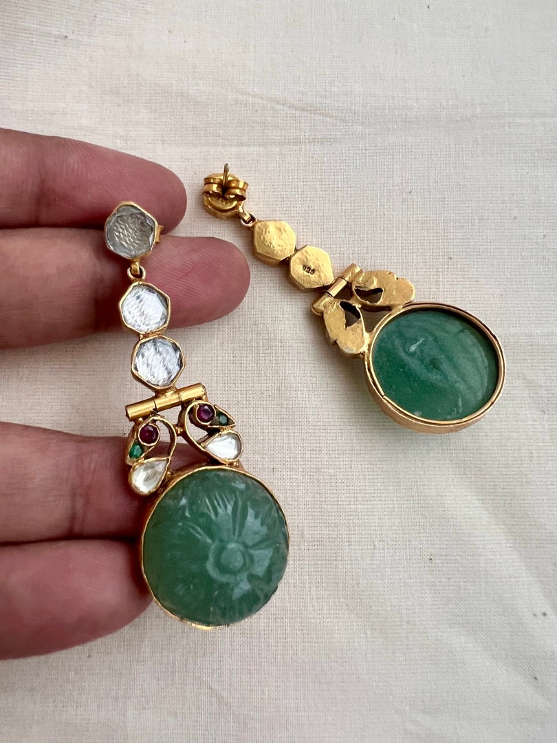 Gold polish kundan hangings with carved jade stone-Earrings-CI-House of Taamara
