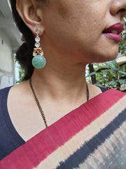 Gold polish kundan hangings with carved jade stone-Earrings-CI-House of Taamara