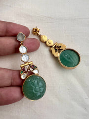 Gold polish kundan hangings with carved jade stone-Earrings-CI-House of Taamara