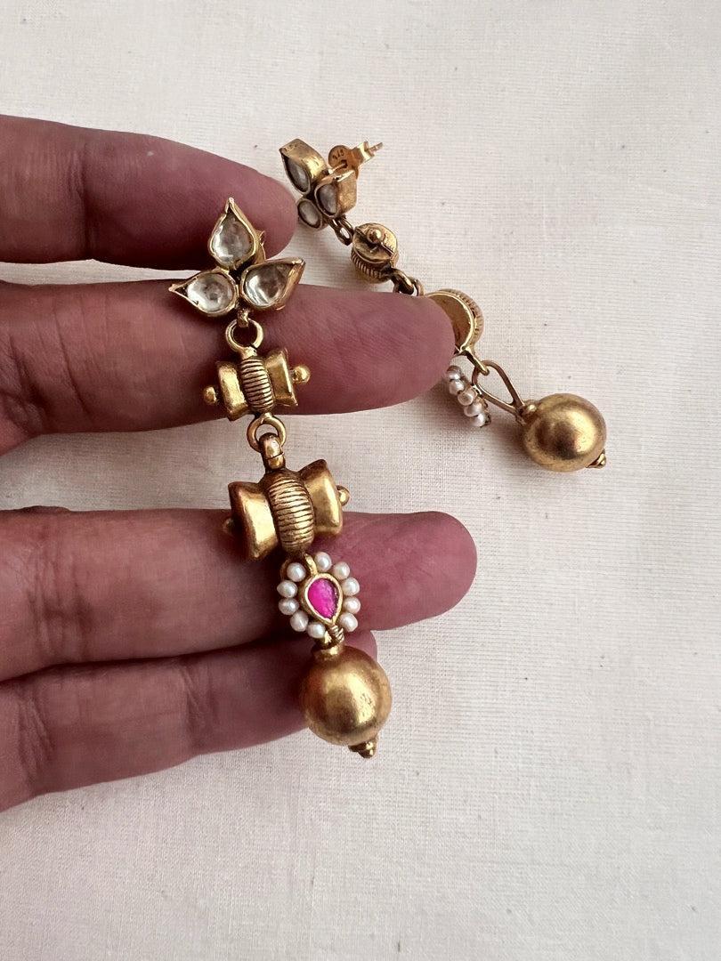 Gold polish kundan hangings with pearls-Earrings-CI-House of Taamara
