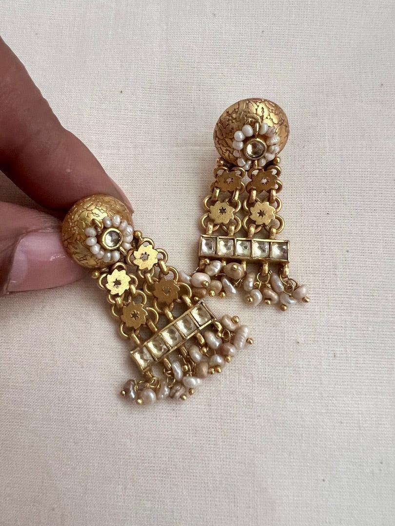 Gold polish kundan hangings with pearls-Earrings-CI-House of Taamara