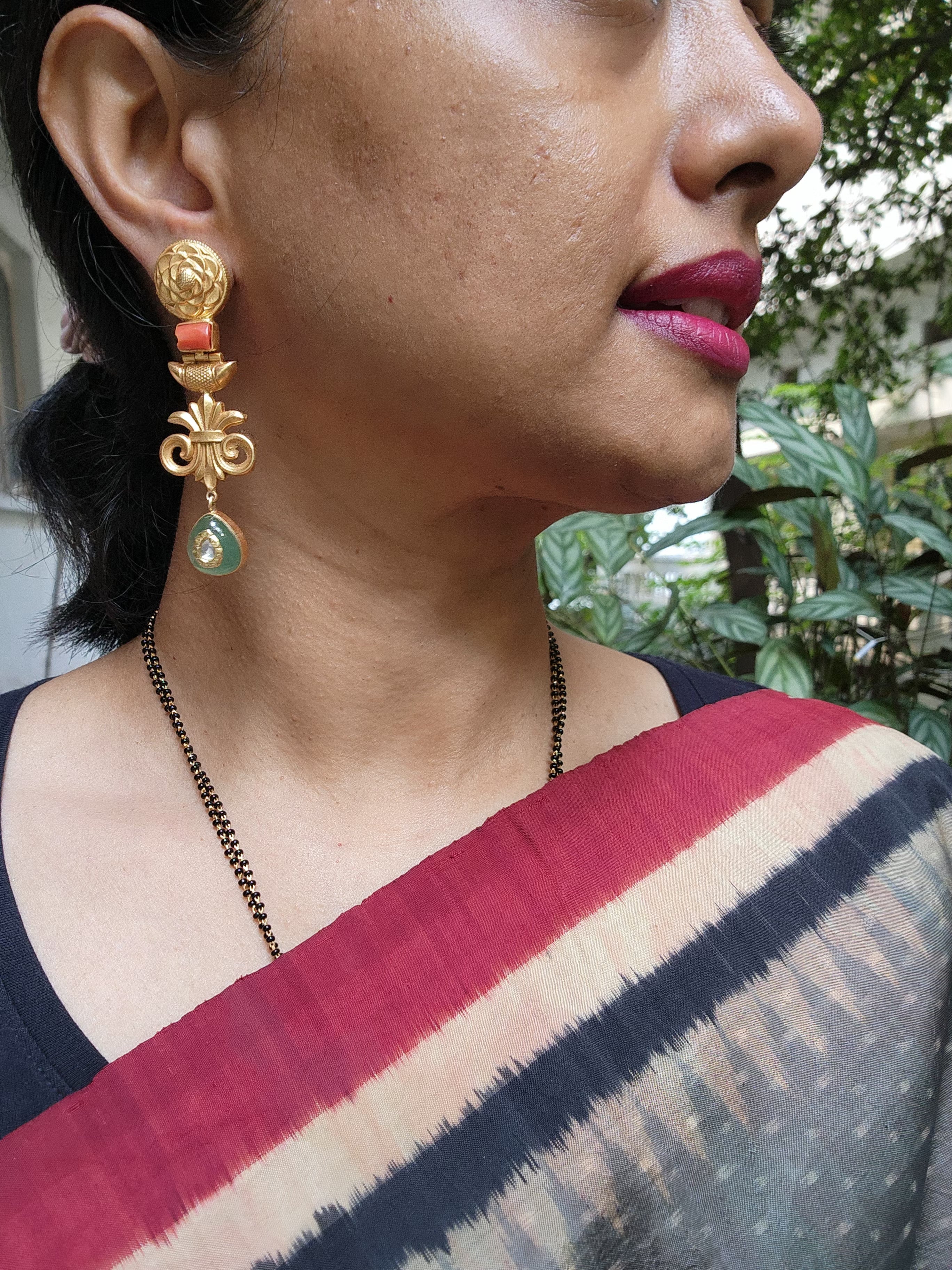 Gold polish kundan inlay hangings with coral stone-Earrings-CI-House of Taamara