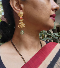 Gold polish kundan inlay hangings with coral stone-Earrings-CI-House of Taamara