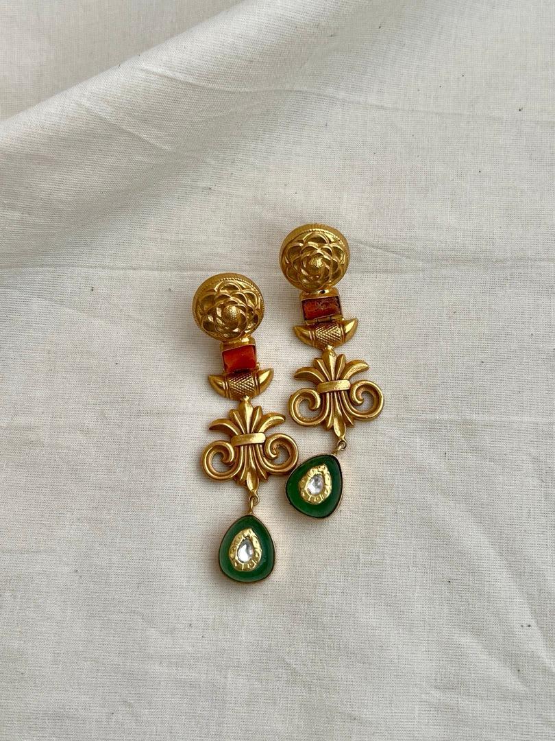 Gold polish kundan inlay hangings with coral stone-Earrings-CI-House of Taamara