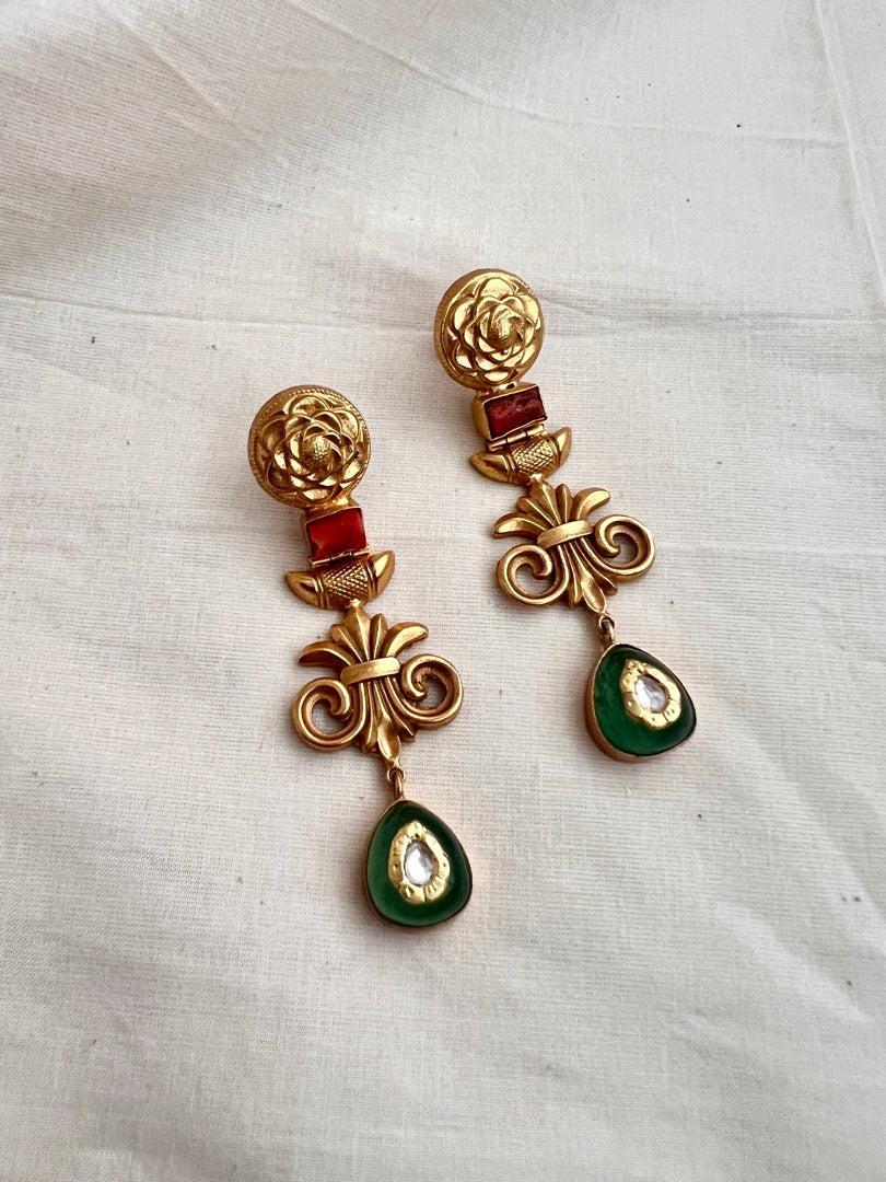 Gold polish kundan inlay hangings with coral stone-Earrings-CI-House of Taamara