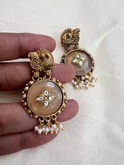 Gold polish kundan inlay rose quartz earrings with pearls-Earrings-CI-House of Taamara