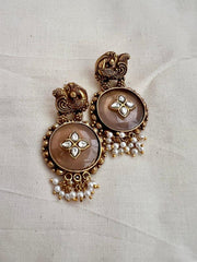 Gold polish kundan inlay rose quartz earrings with pearls-Earrings-CI-House of Taamara