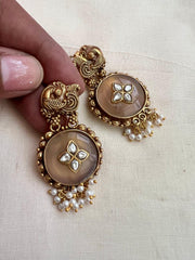 Gold polish kundan inlay rose quartz earrings with pearls-Earrings-CI-House of Taamara