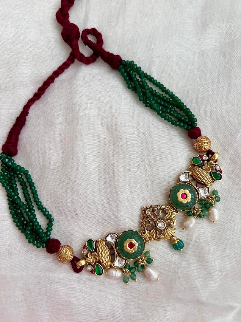 Gold polish kundan inlay work choker with earrings, SET-Silver Neckpiece-CI-House of Taamara