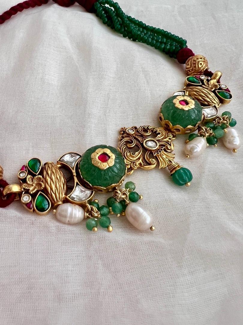 Gold polish kundan inlay work choker with earrings, SET-Silver Neckpiece-CI-House of Taamara