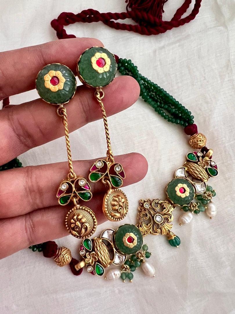 Gold polish kundan inlay work choker with earrings, SET-Silver Neckpiece-CI-House of Taamara