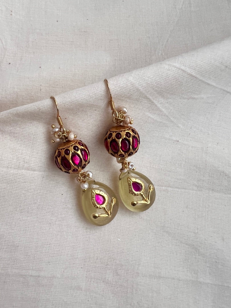 Gold polish kundan inlay work hangings with ruby beads-Earrings-CI-House of Taamara