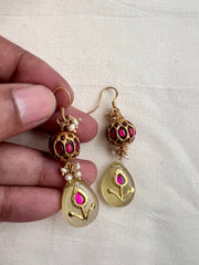 Gold polish kundan inlay work hangings with ruby beads-Earrings-CI-House of Taamara