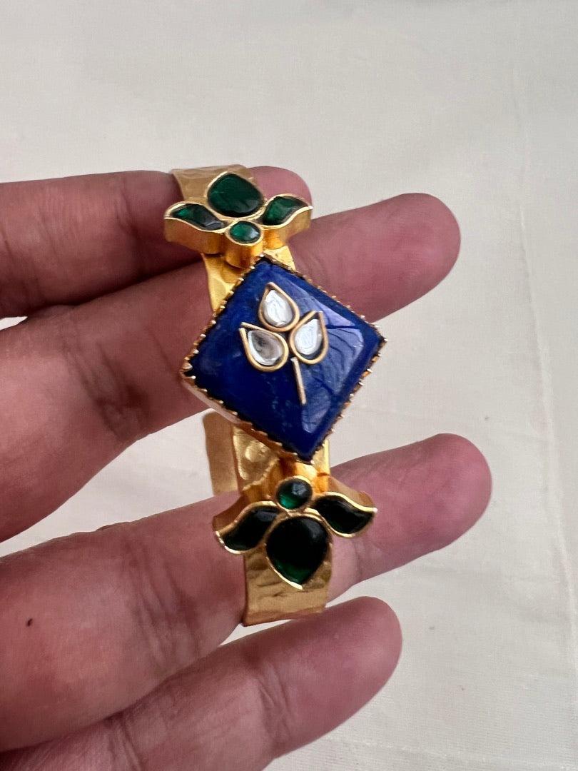 Gold polish kundan inlay work kada on blue lapiz-Silver Bracelet-CI-House of Taamara