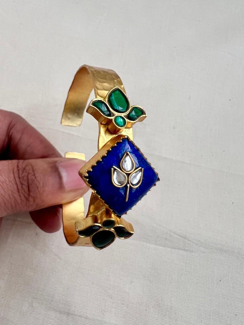 Gold polish kundan inlay work kada on blue lapiz-Silver Bracelet-CI-House of Taamara