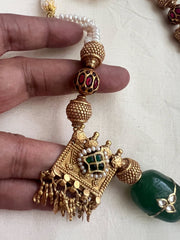 Gold polish kundan inlay work on emerald bead with pearl chain-Silver Neckpiece-CI-House of Taamara