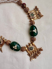 Gold polish kundan inlay work on emerald bead with pearl chain-Silver Neckpiece-CI-House of Taamara