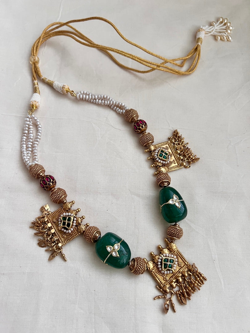 Gold polish kundan inlay work on emerald bead with pearl chain-Silver Neckpiece-CI-House of Taamara