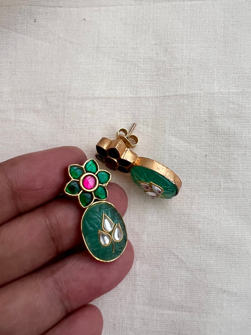 Gold polish kundan inlay work on emerald studs-Earrings-CI-House of Taamara