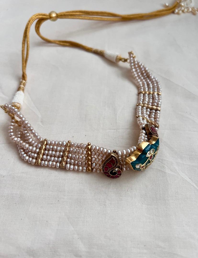 Gold polish kundan inlay work on jade with pearls choker-Silver Neckpiece-CI-House of Taamara