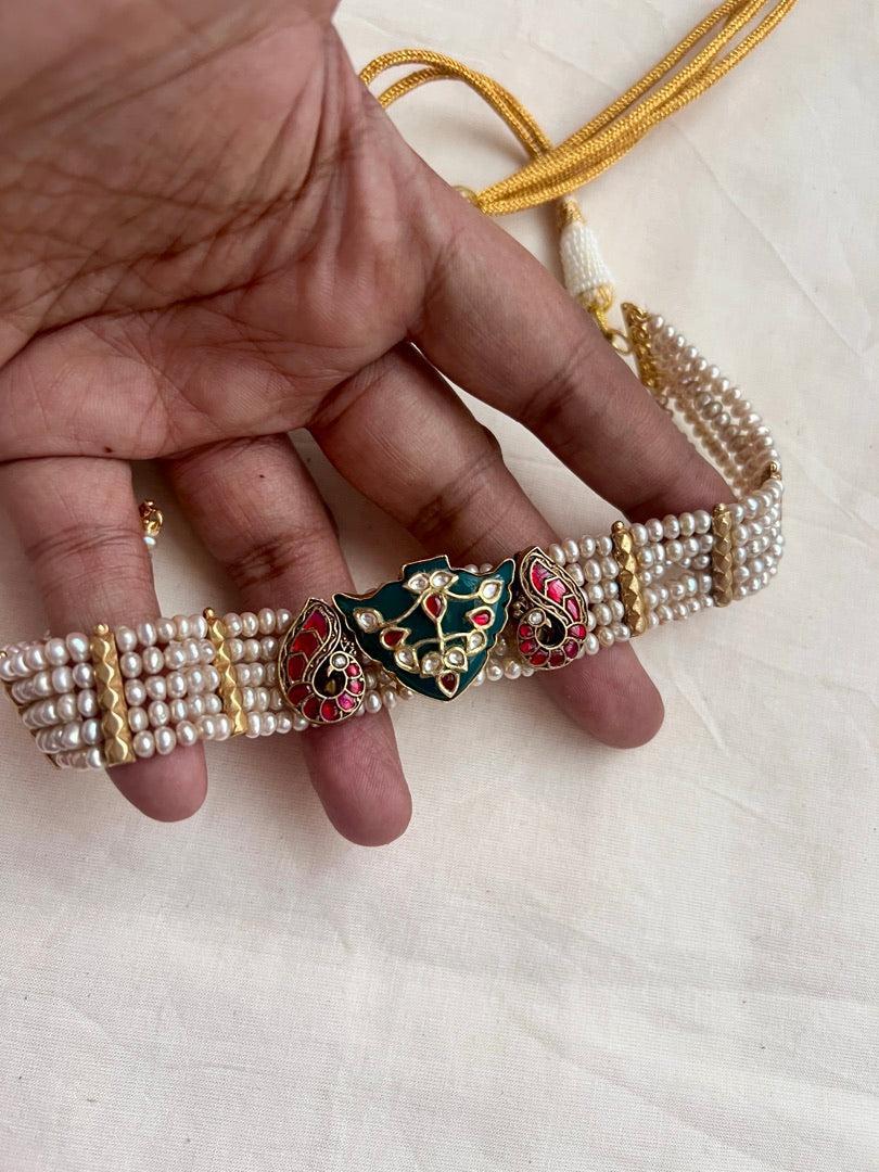 Gold polish kundan inlay work on jade with pearls choker-Silver Neckpiece-CI-House of Taamara
