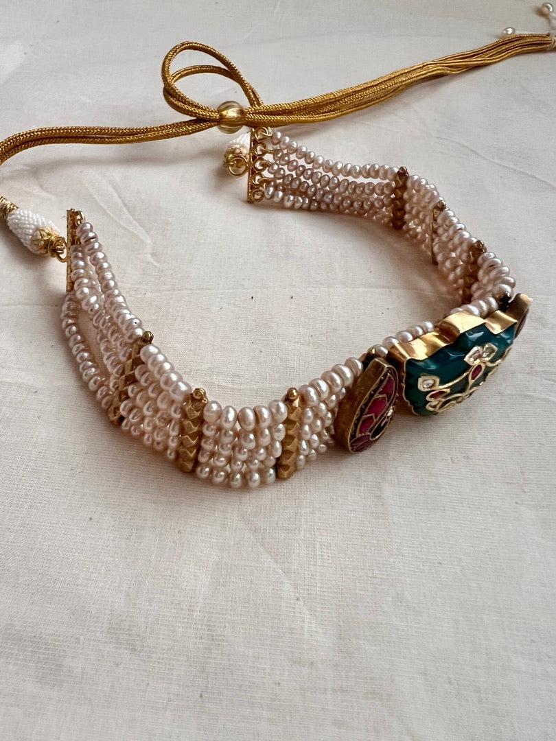 Gold polish kundan inlay work on jade with pearls choker-Silver Neckpiece-CI-House of Taamara