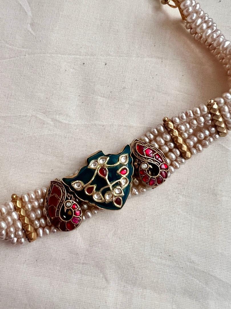 Gold polish kundan inlay work on jade with pearls choker-Silver Neckpiece-CI-House of Taamara