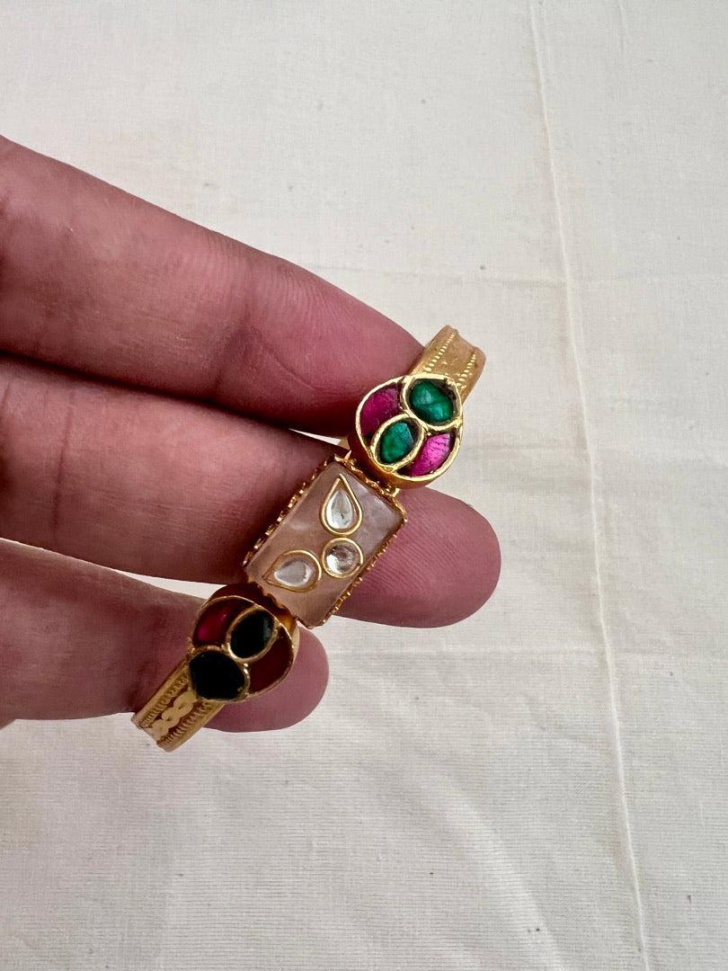 Gold polish kundan inlay work on rose quartz kada-Silver Bracelet-CI-House of Taamara