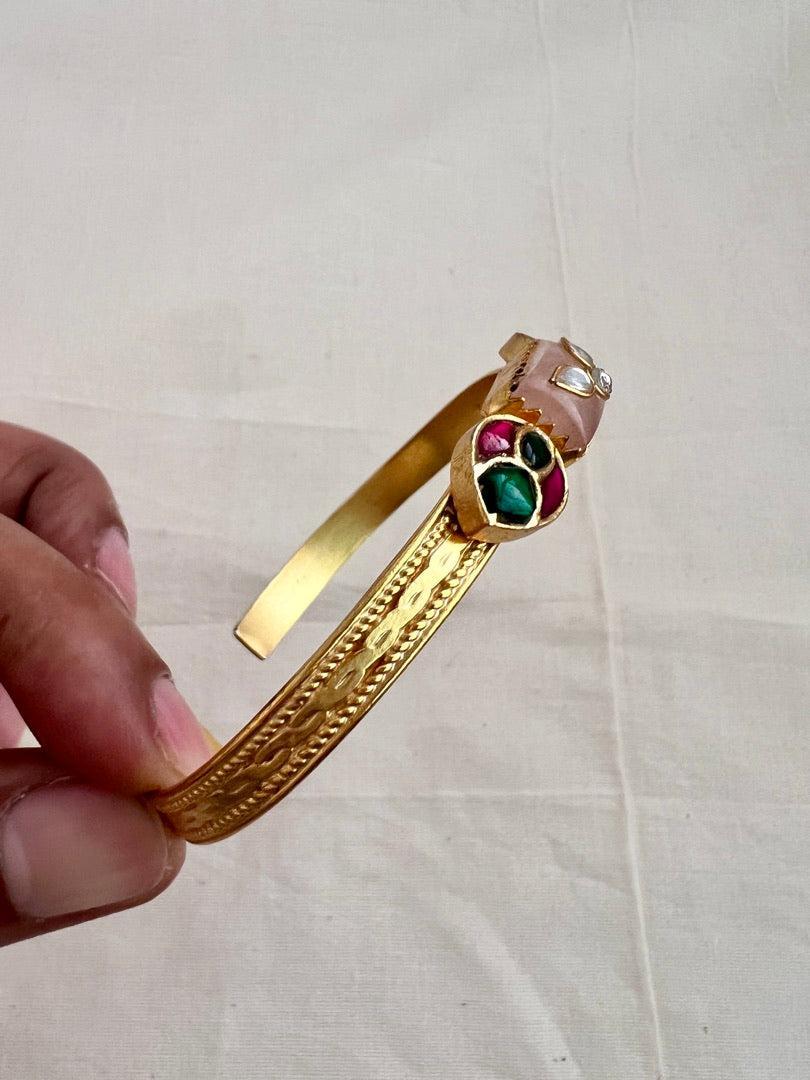 Gold polish kundan inlay work on rose quartz kada-Silver Bracelet-CI-House of Taamara