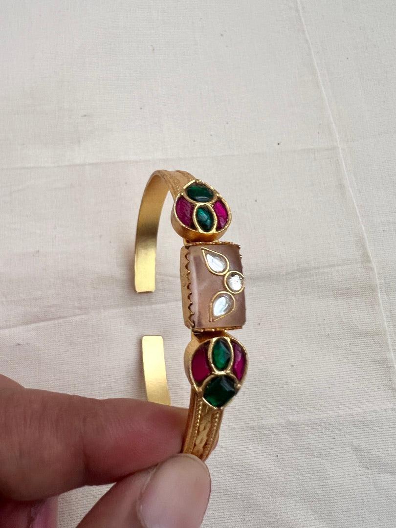 Gold polish kundan inlay work on rose quartz kada-Silver Bracelet-CI-House of Taamara