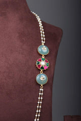 Gold polish kundan inlay work side mope long pearls chain-Silver Neckpiece-CI-House of Taamara