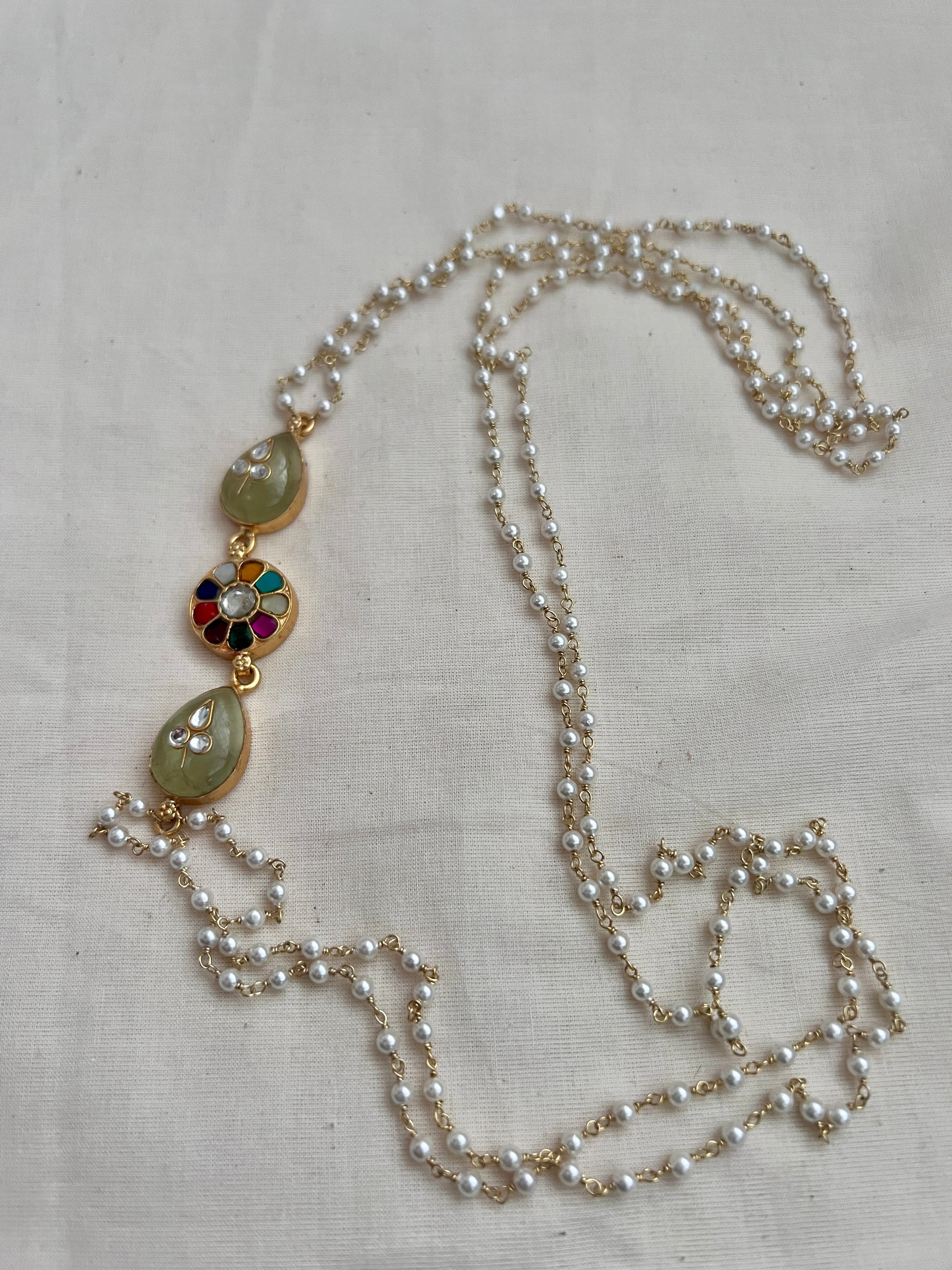 Gold polish kundan inlay work side mope long pearls chain-Silver Neckpiece-CI-House of Taamara