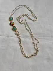 Gold polish kundan inlay work side mope long pearls chain-Silver Neckpiece-CI-House of Taamara