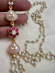 Gold polish kundan inlay work side mope long pearls chain-Silver Neckpiece-CI-House of Taamara