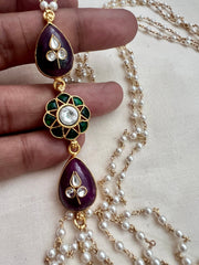 Gold polish kundan inlay work side mope long pearls chain-Silver Neckpiece-CI-House of Taamara