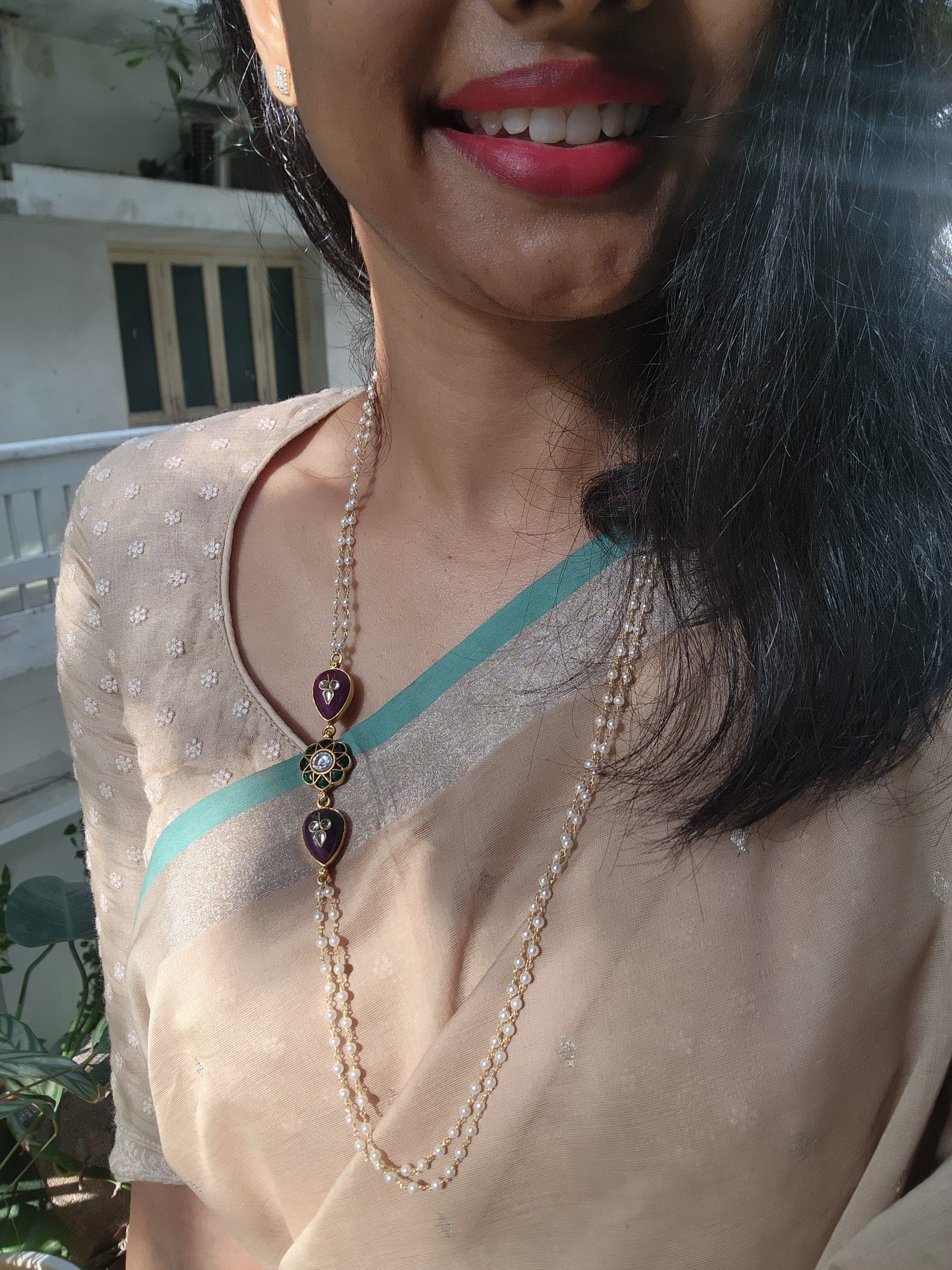 Gold polish kundan inlay work side mope long pearls chain-Silver Neckpiece-CI-House of Taamara