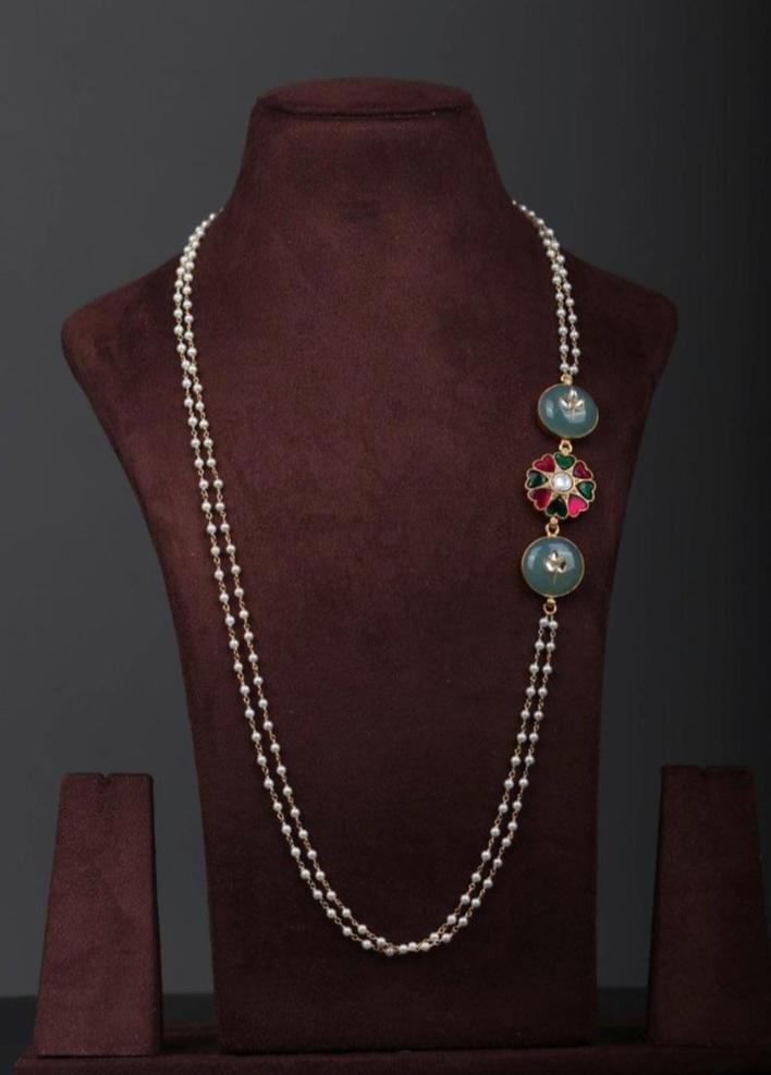 Gold polish kundan inlay work side mope long pearls chain-Silver Neckpiece-CI-House of Taamara