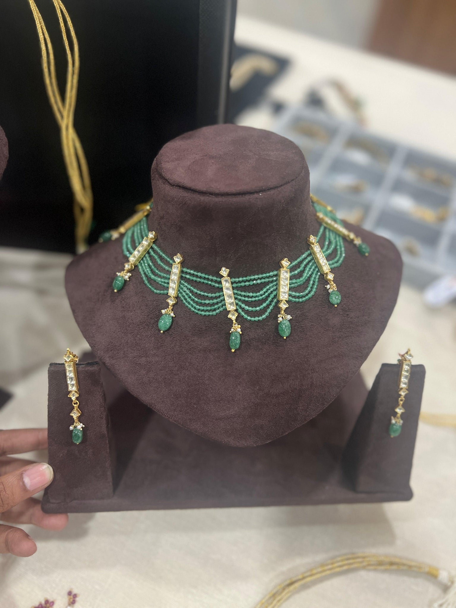Trending bright gold temple green beads necklace with earrings- latest –  Zivara Fashion