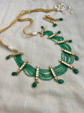 Gold polish kundan & jade beads necklace with earrings, set-Silver Neckpiece-CI-House of Taamara