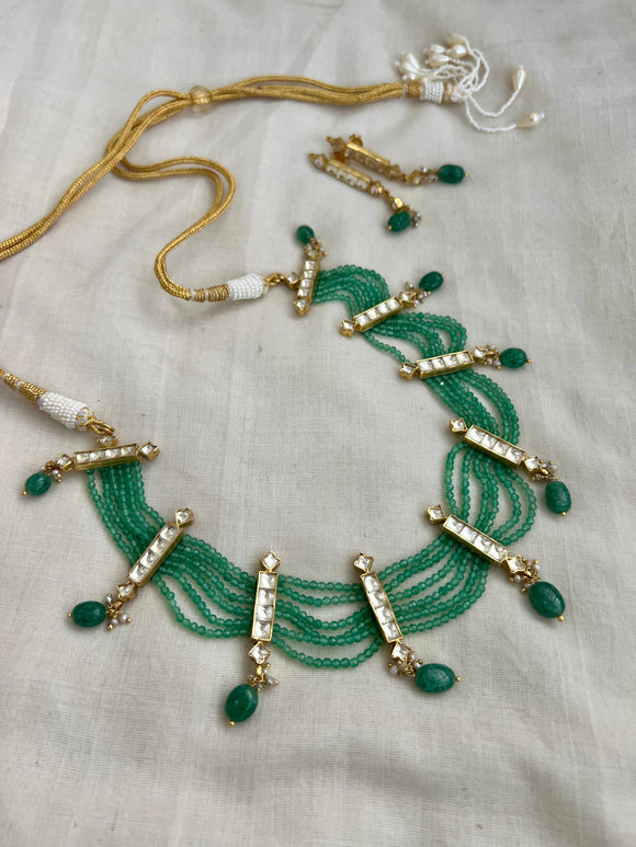Gold polish kundan & jade beads necklace with earrings, set-Silver Neckpiece-CI-House of Taamara