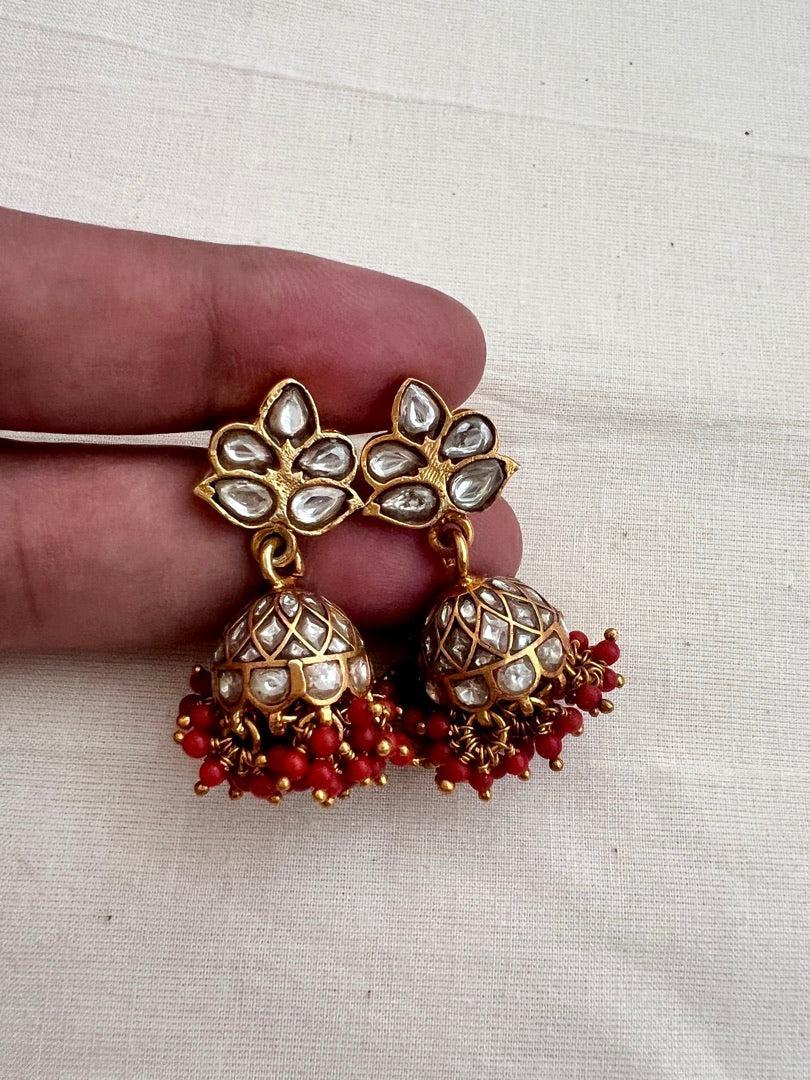 Gold polish kundan jhumkas with coral beads-Earrings-CI-House of Taamara