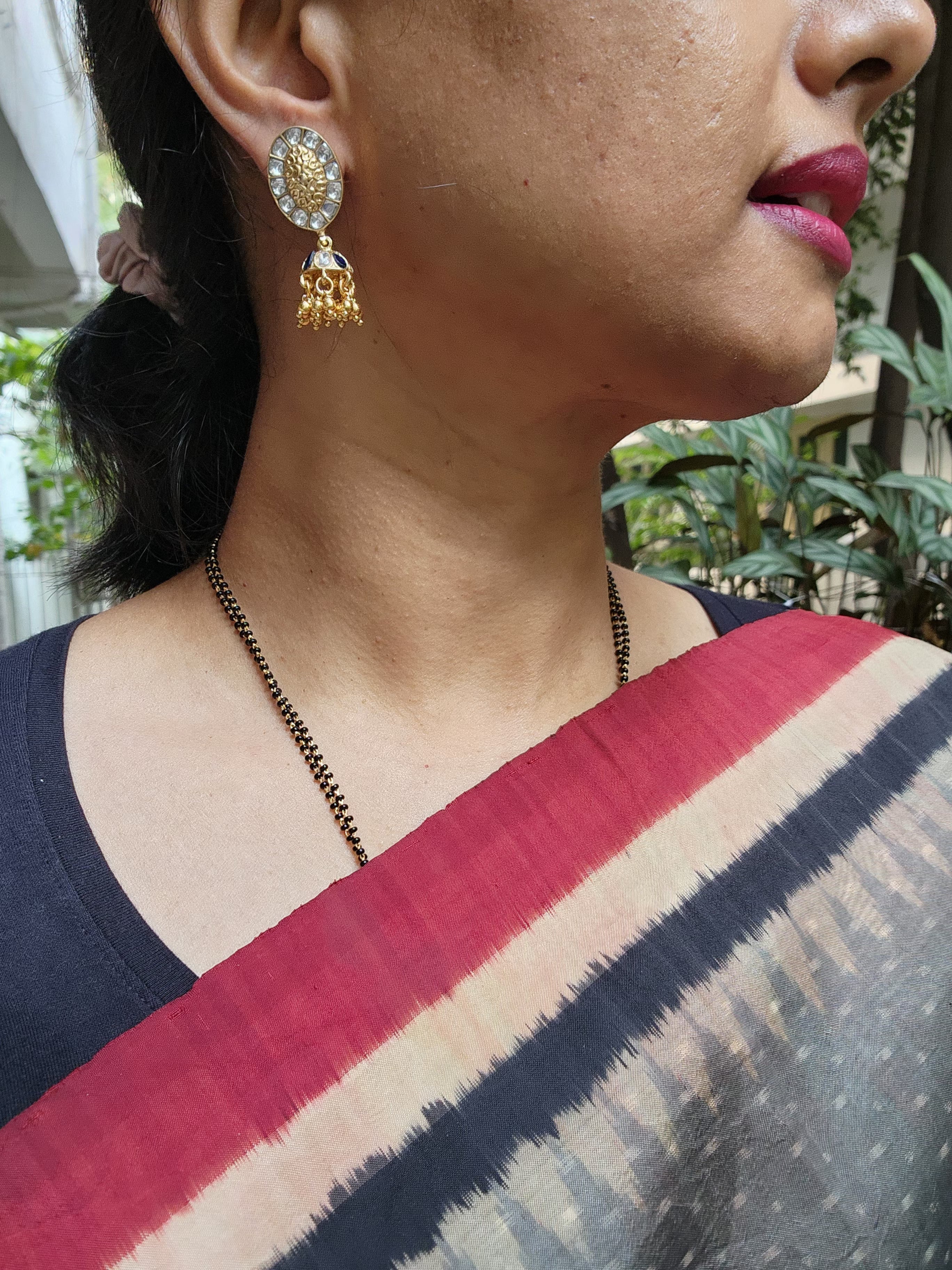 Gold polish kundan jhumkas with gold beads-Earrings-CI-House of Taamara