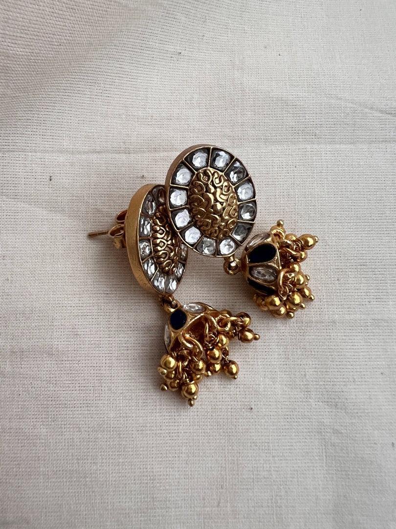 Gold polish kundan jhumkas with gold beads-Earrings-CI-House of Taamara