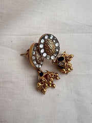 Gold polish kundan jhumkas with gold beads-Earrings-CI-House of Taamara