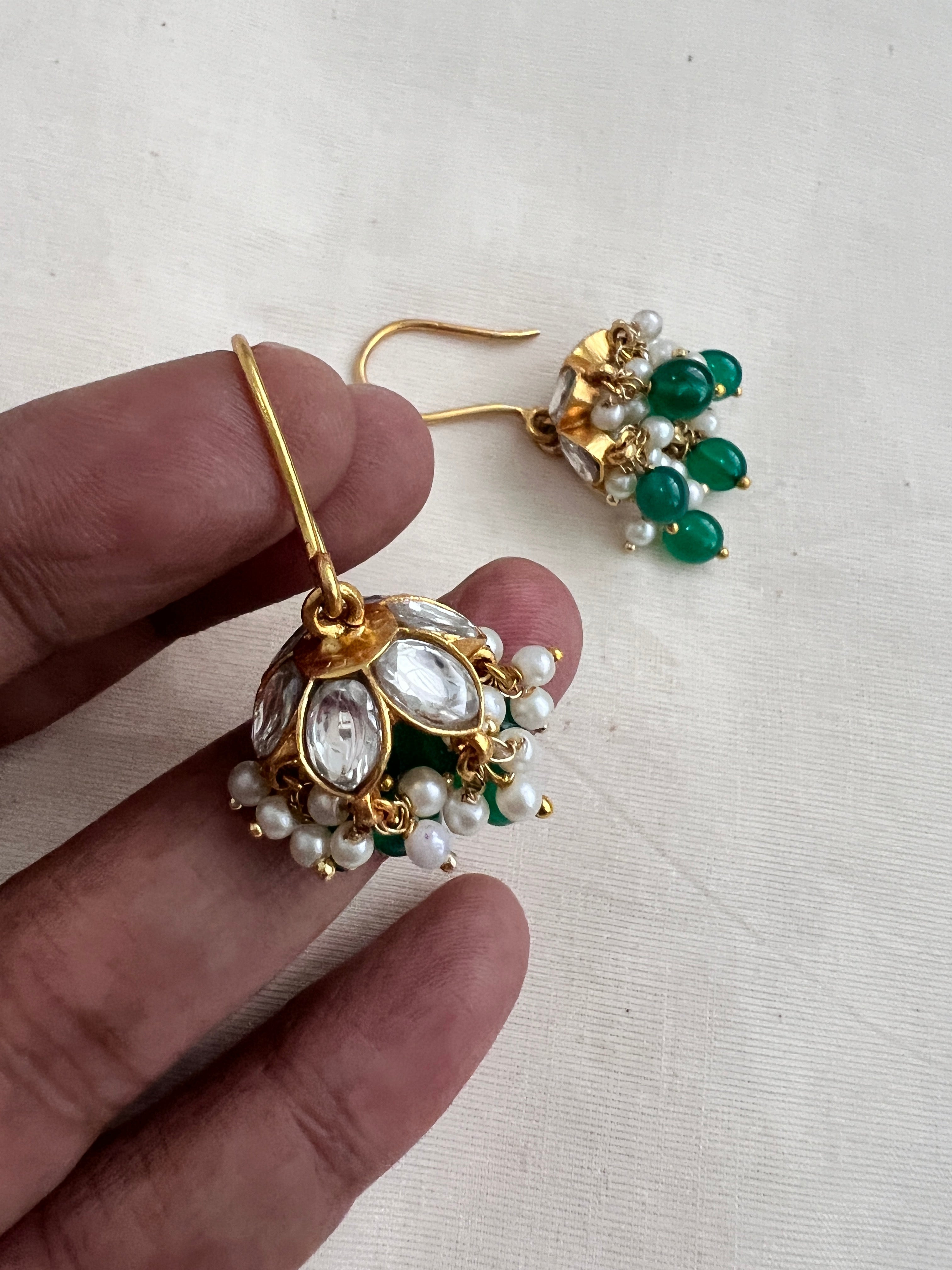 Gold polish kundan jhumkas with green onyx beads & pearls-Earrings-CI-House of Taamara