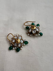 Gold polish kundan jhumkas with green onyx beads & pearls-Earrings-CI-House of Taamara