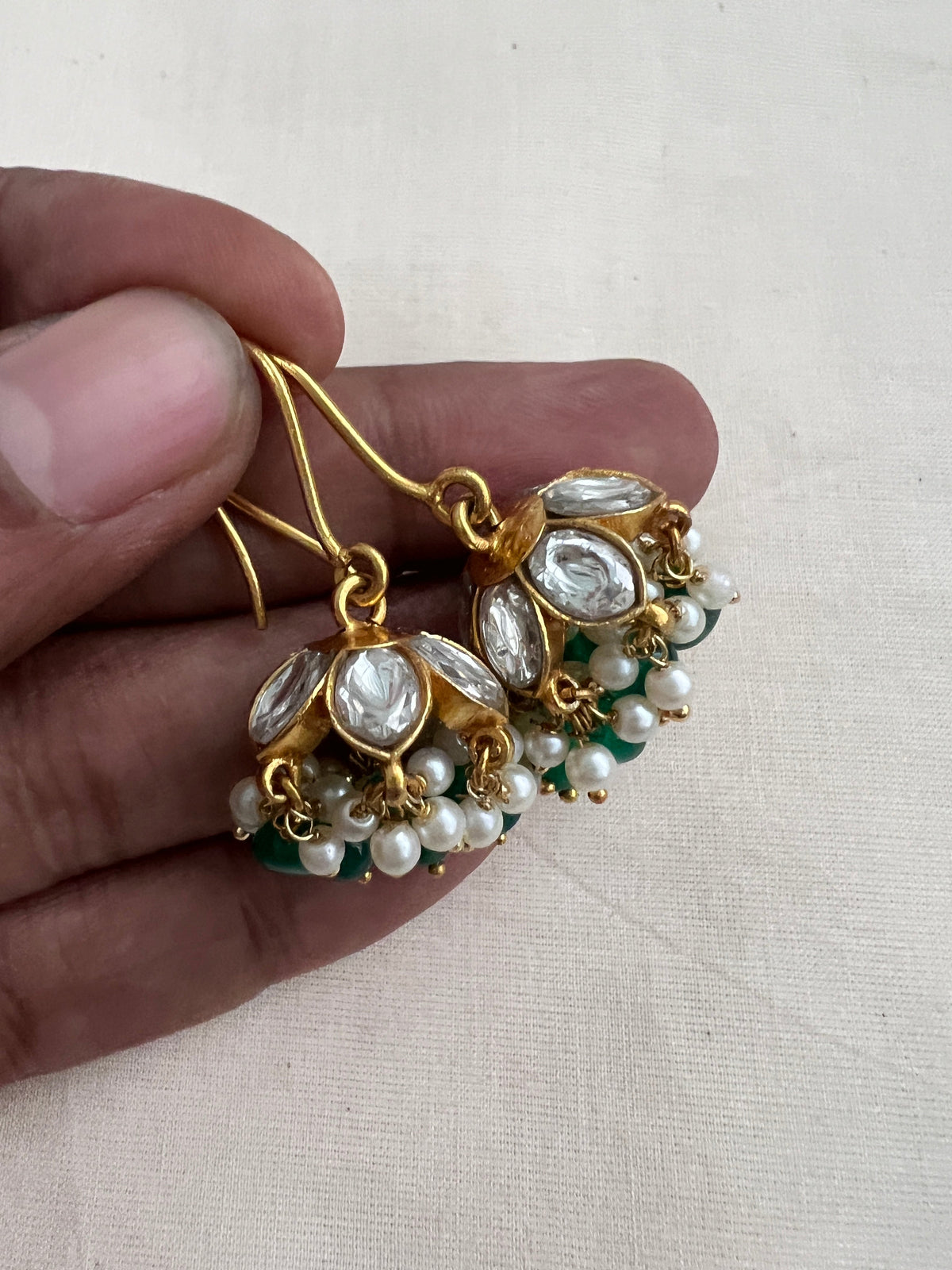 Gold polish kundan jhumkas with green onyx beads & pearls-Earrings-CI-House of Taamara