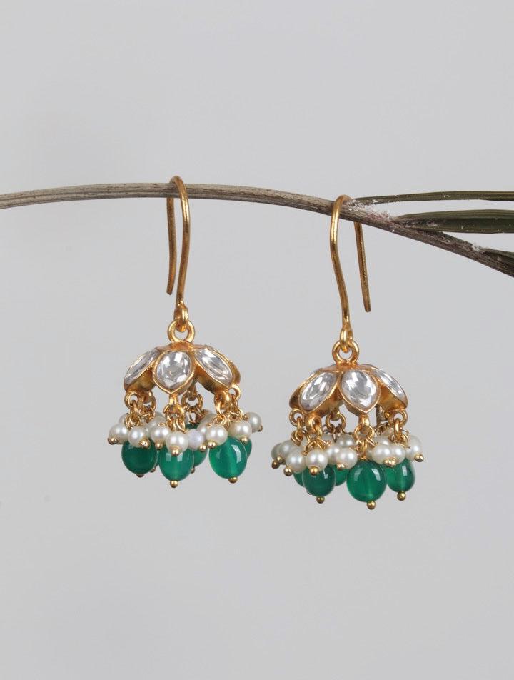 Gold polish kundan jhumkas with green onyx beads & pearls-Earrings-CI-House of Taamara