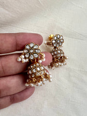 Gold polish kundan jhumkas with pearls-Earrings-CI-House of Taamara